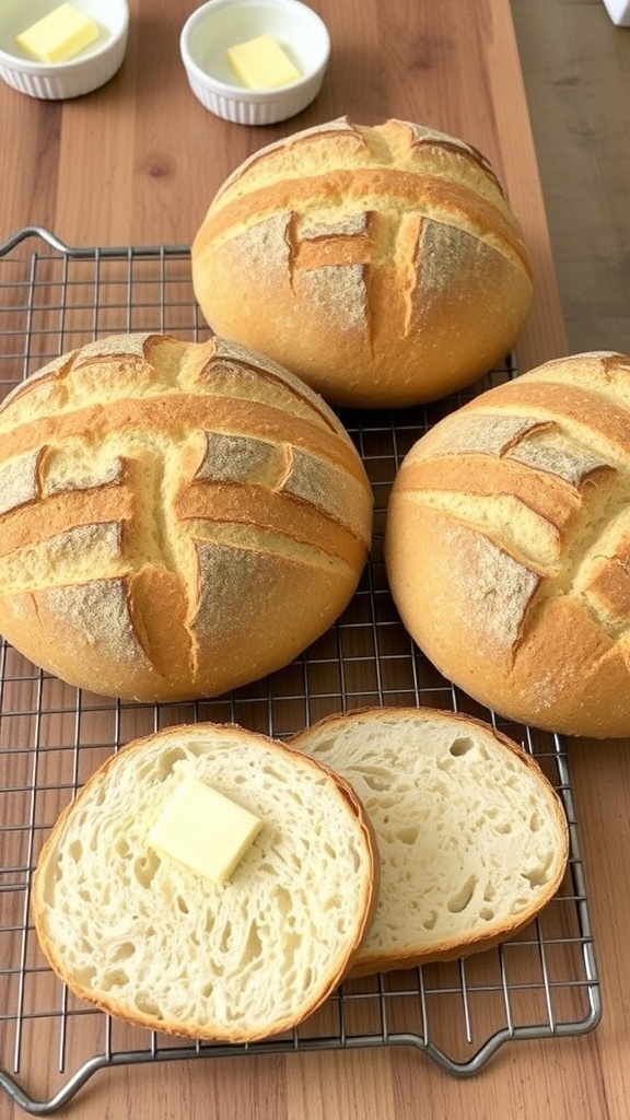 Triple Loaf Sourdough Bread Recipe Three loaves of golden-brown sourdough bread cooling on a rack, with slices cut to show the soft interior.
